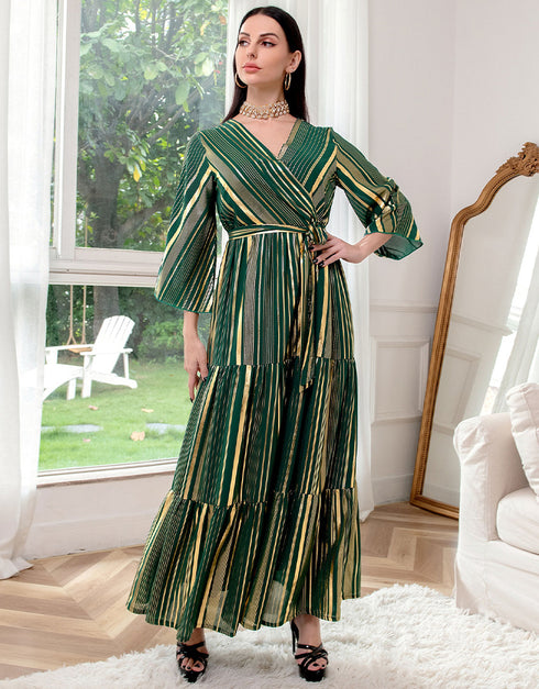Gold Stamping Striped Chiffon Long Evening Party Gown Dress